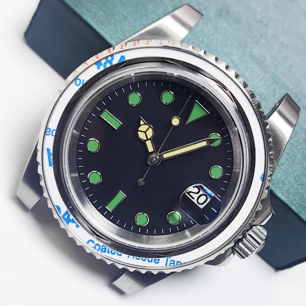ساعة رجالية 40 ملم، هيكل من الفولاذ المقاوم للصدأ، إطار بكلمة حمراء، قرص أسود وأخضر، زجاج ياقوتي NH35 حركة أوتوماتيكية