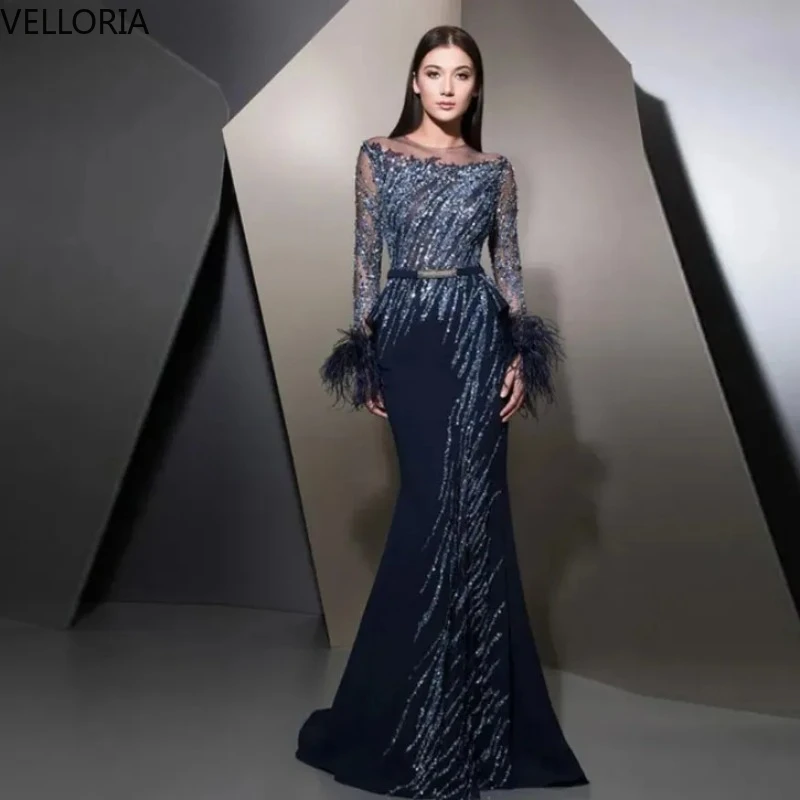 

Luxury Feather Ball Gown Evening Dress Long Sleeve Sequins Beaded Party Dress Vestdos De Fiesta Customized