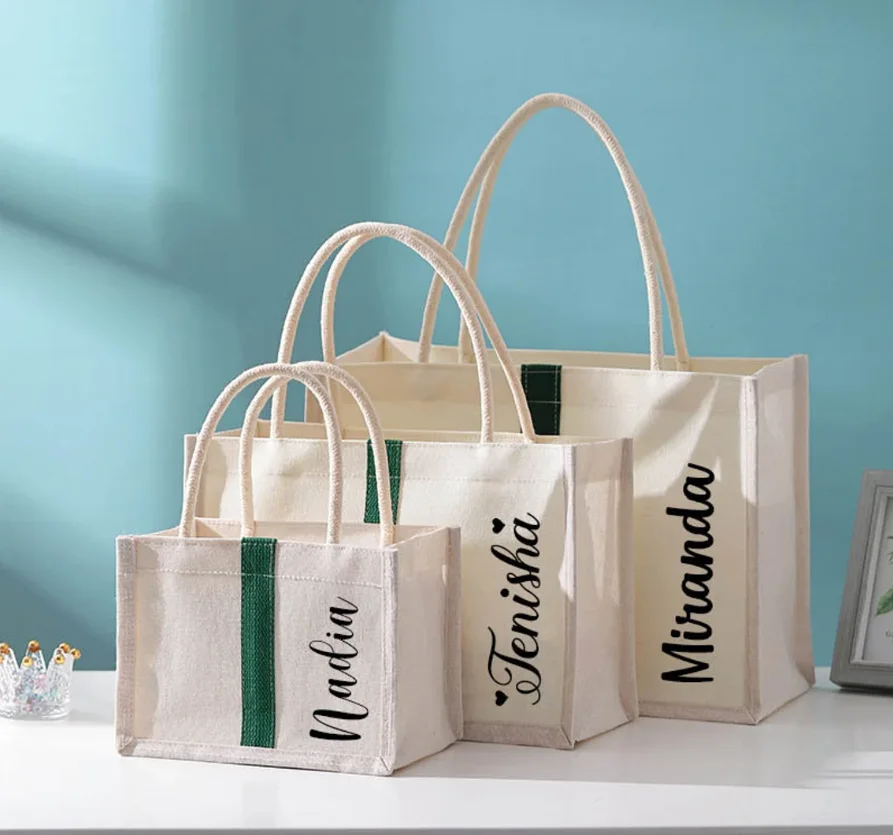 Personalized White Canvas Bags, Custom Tote Bag Bridesmaid Gift with Name, Girls Trip Gifts Beach Bag, Bachelorette Party Gifts