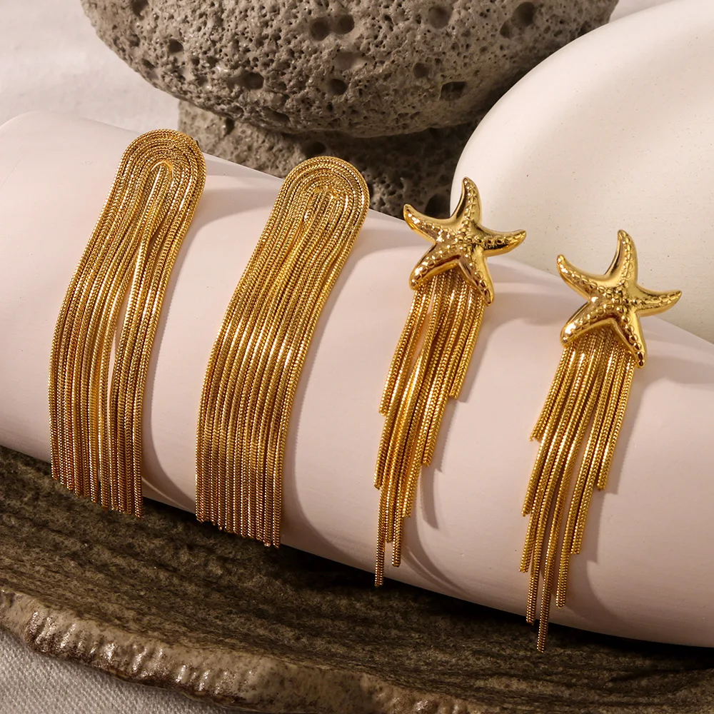 

18K Gold Plated Stainless Steel Starfish Tassel Dangle Earrings Hypoallergenic Boho Beach Jewelry for Women Summer Ocean-Themed