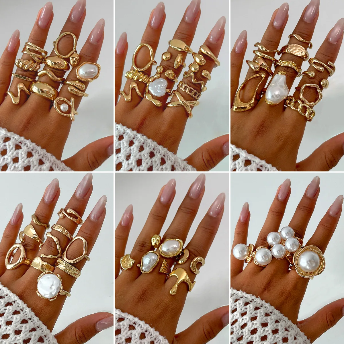 Vintage Irregular Liquid Lava Ring Set Faux Pearl Chunky Statement Finger Jewelry Unique Gold Tone Collection