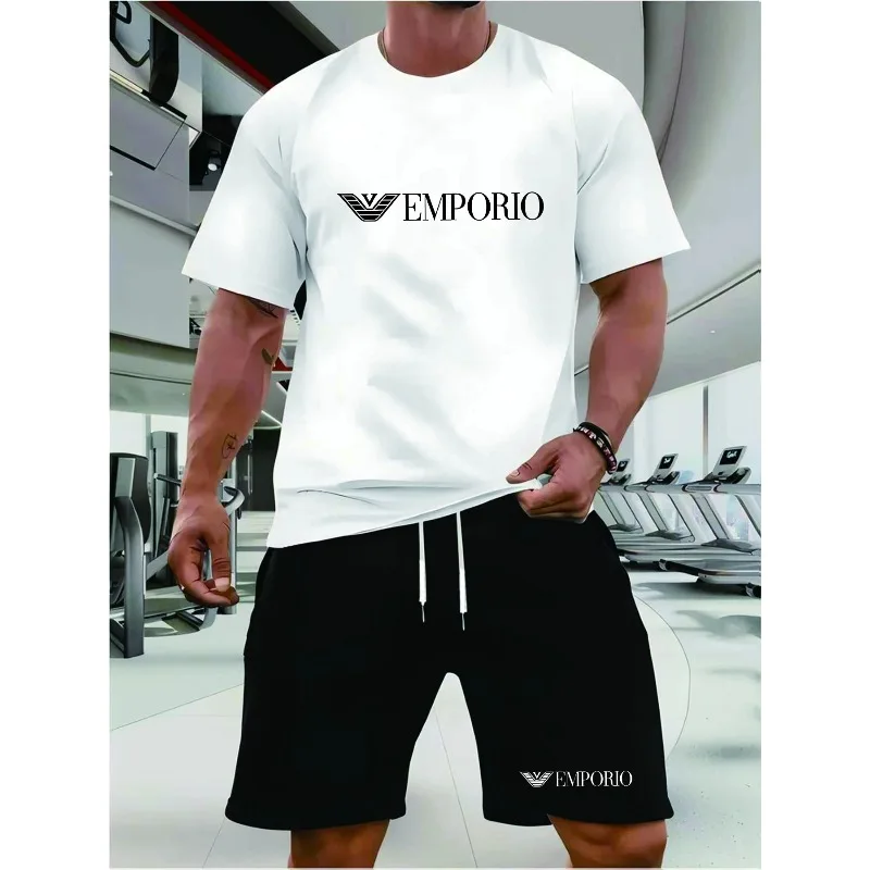 Men's quick-drying running T-shirt and shorts set with round neckline and elastic fabric. Sport and casual outfit.