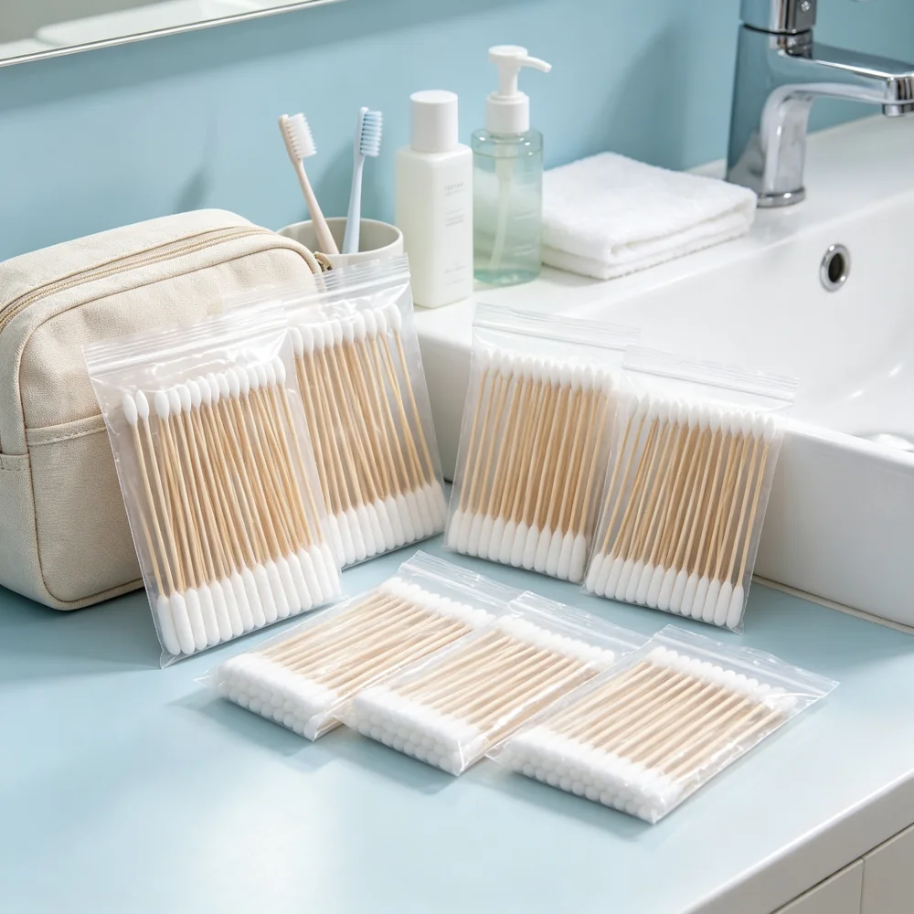15cm Dual Tip Cotton Buds, Cylindrical and Pointed Two‑Sided Cotton Heads, Wooden Stick Swabs for Makeup Touch‑Up & Tattoo,Clean