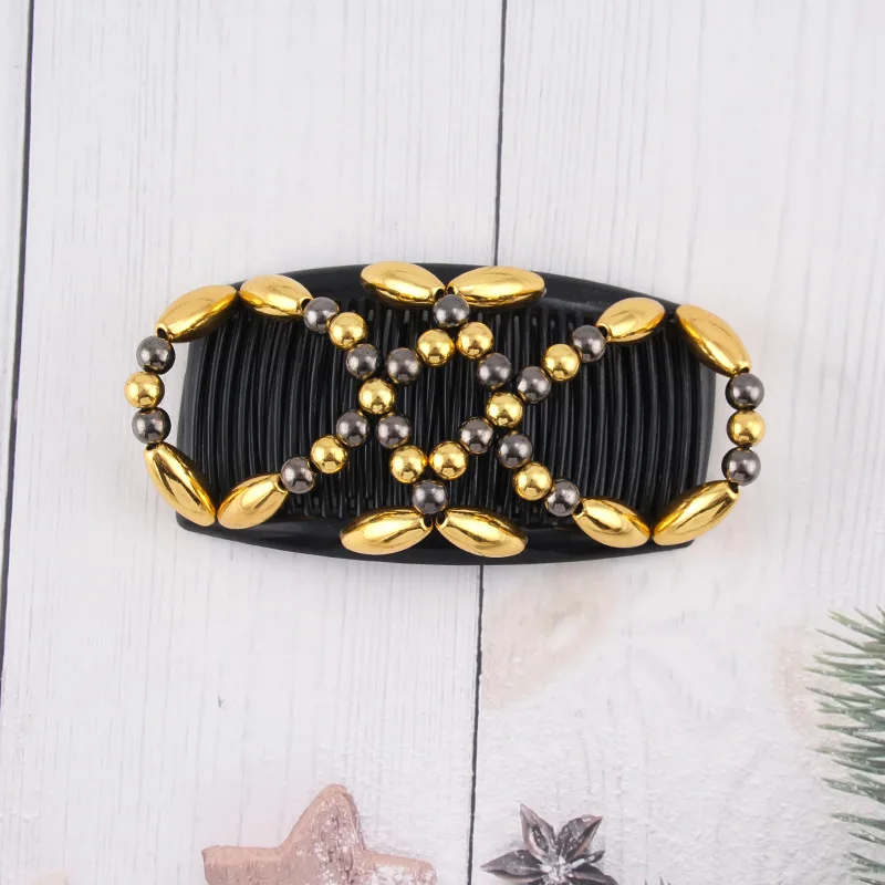 Fashion Magic Hair Comb Women Ladies Elastic Hairpin Stretch Double Magic Hair Comb Handmade Beaded Black Hair Clip