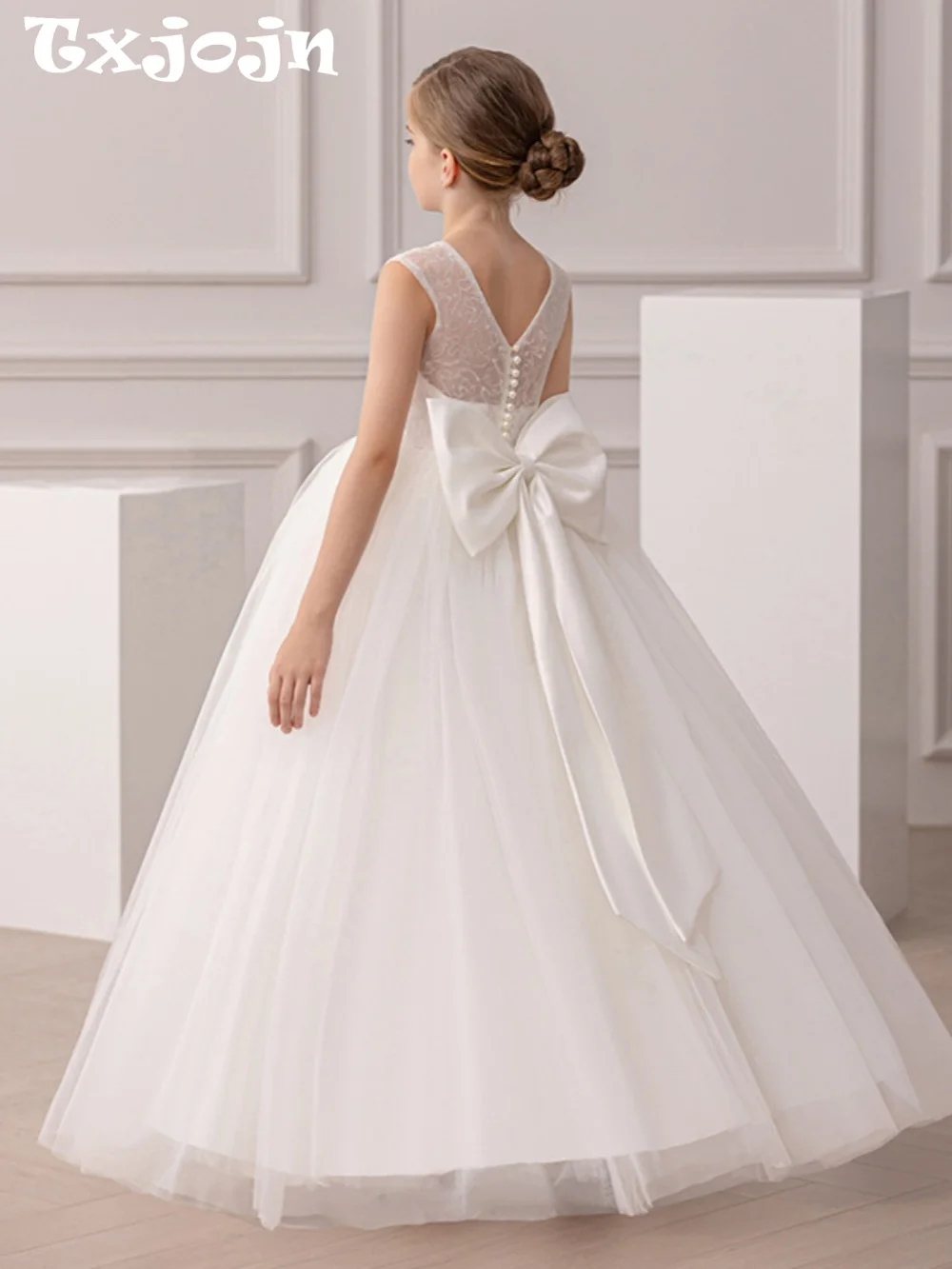Elegant Sequined Bow Kids Princess Gown For Piano Performance Classic Oneck Sleeveless Girls Dresses For Wedding 130-160cm