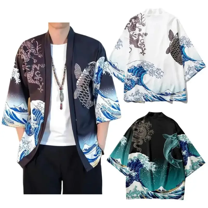 

Men's Summer Green Wave Carp Pattern Kimono Cardigan Women's Japanese Traditional Clothing Plus Size Printed Beach Coat