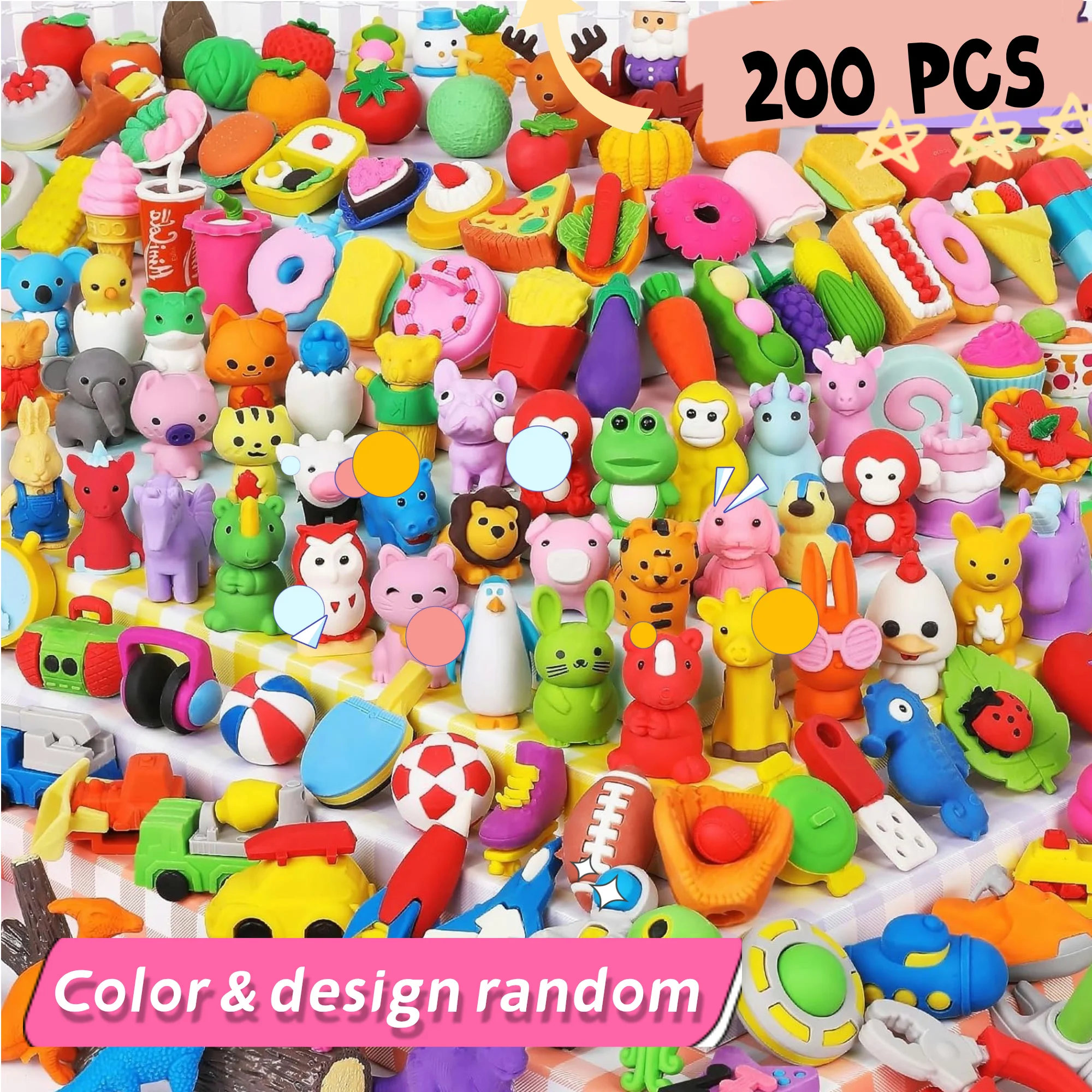 200pcs Animal Erasers for Kids, Desk Pets for Classroom, 3D Bulk Mini Puzzle Pencil Eraser, Novelty Fun Party Favors Gift