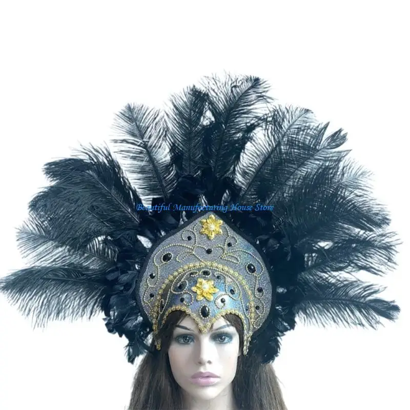 

E56A 20s Flapper Hairband for Carnivals Party Festival Props Feathered Rhinestones Hairband Cosplay Headwear for Theme Event