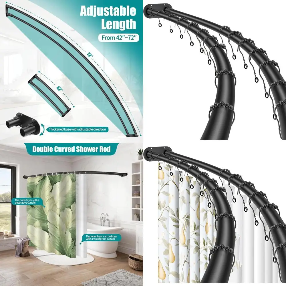 

Adjustable Double Curved Shower Rod, 42-72 Inches, Wall Mount, Elegant Black Bath Accessory