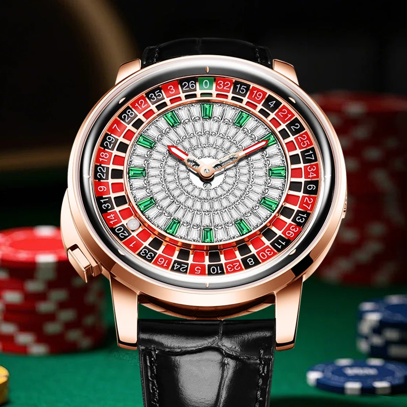 هانبورو ساعة أوتوماتيكية للرجال 46 مللي متر ساعة يد ميكانيكية فاخرة قابلة للتدوير لعبة الروليت الهاتفي الياقوت مضيئة 118 قطعة كريستال
