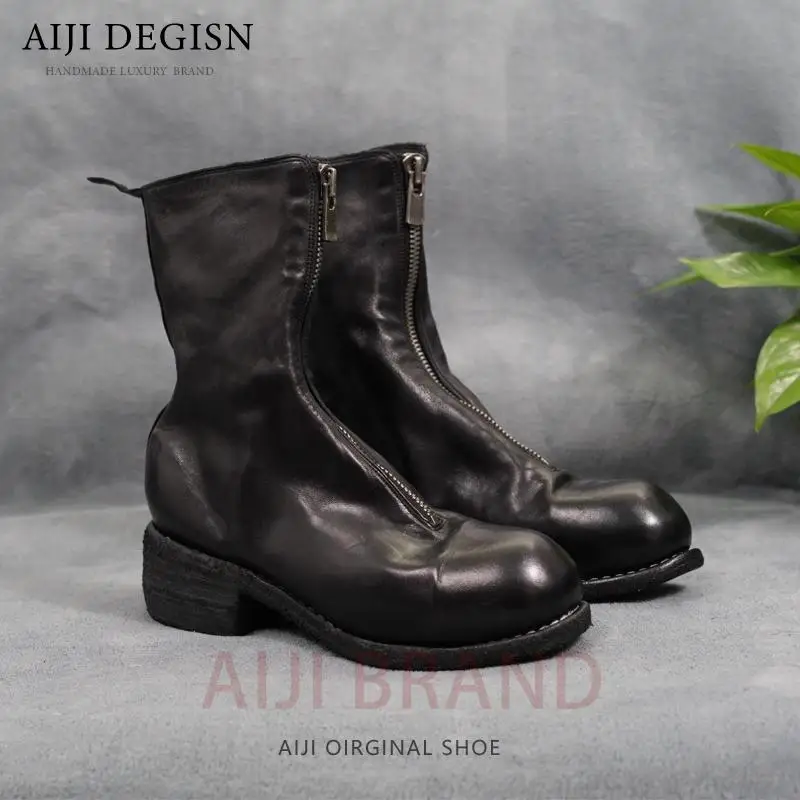 

Outdoor Work Shoes Luxury Men Chelsea Boots Genuine Leather Front Zipper Knight Boots Premium Women Fashion High Top Boots