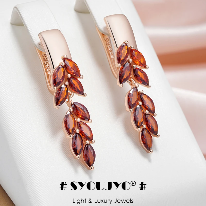 SYOUJYO Vintage Red Zircon Leaf Earrings 585 Rose Gold Color British Ear Hook Luxury Dangle Earrings For Women Gift