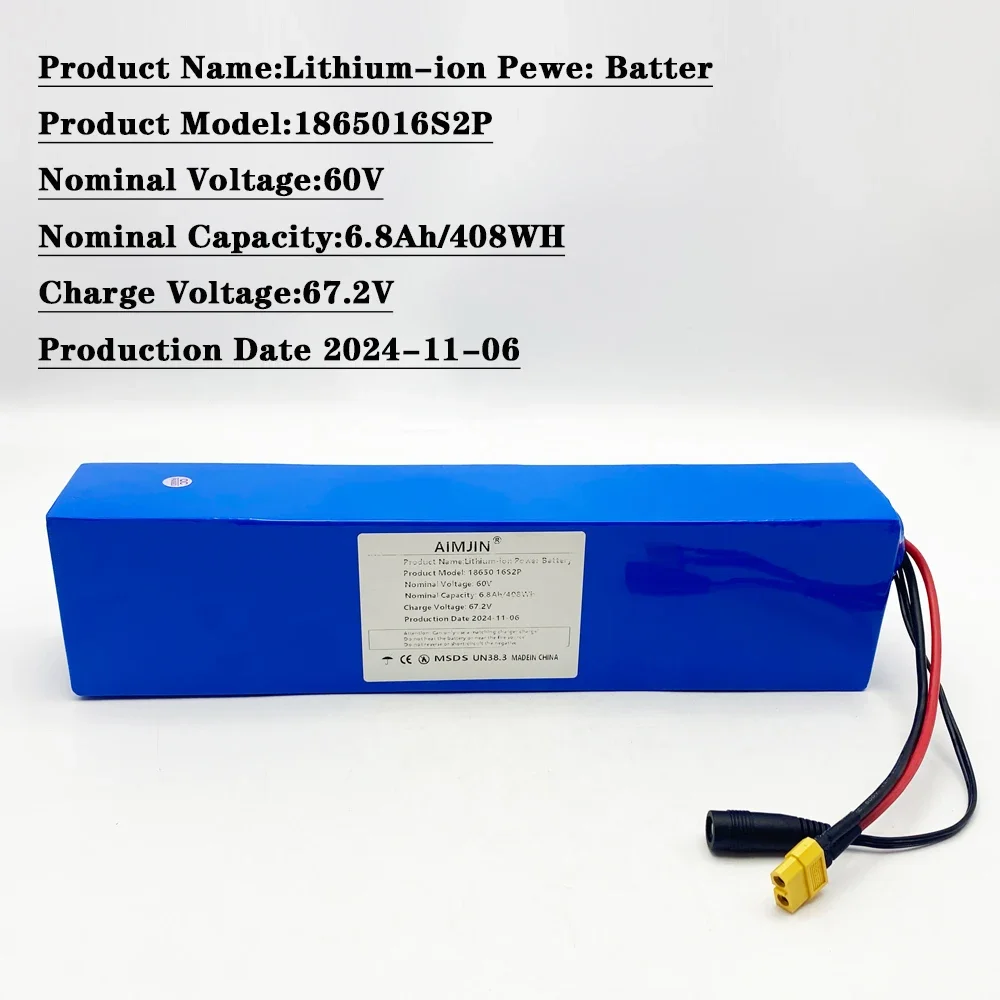 Batterie Lithium-ion 60V 16S2P 18650, 67.2V, 6800mAh, Pour Scooter Électrique, Avec Prise Et Chargeur BMS 1000W BMS XT60/T