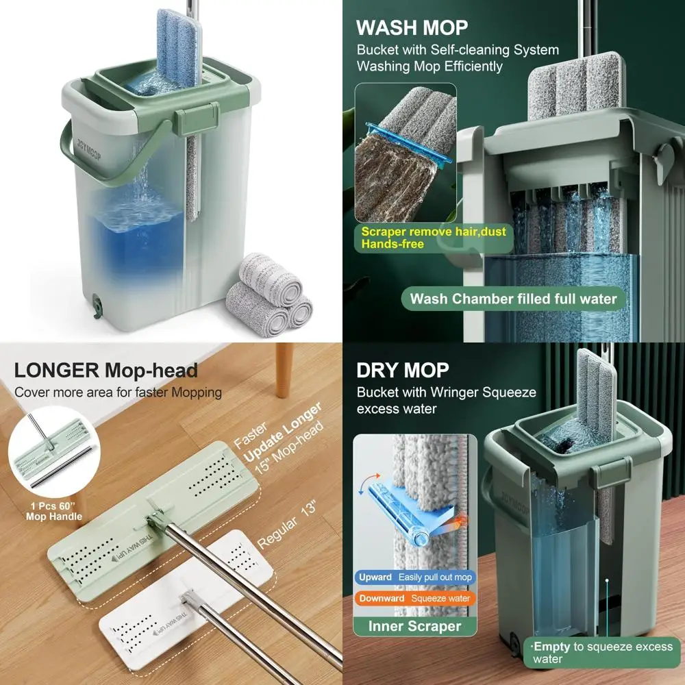 

Extra Large Flat Squeeze Mop with Bucket and Wringer, Long Handle Wall Cleaner Dust Mop, Microfiber Mop Set for Deep Cleaning