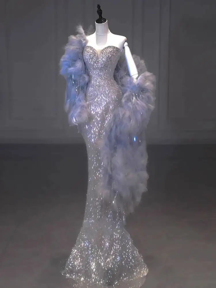 

Silver Evening Dress High-End Feel Rich Family Daughter Evening Banquet Mermaid Dress Engagement Bride Toast Dress Elegant