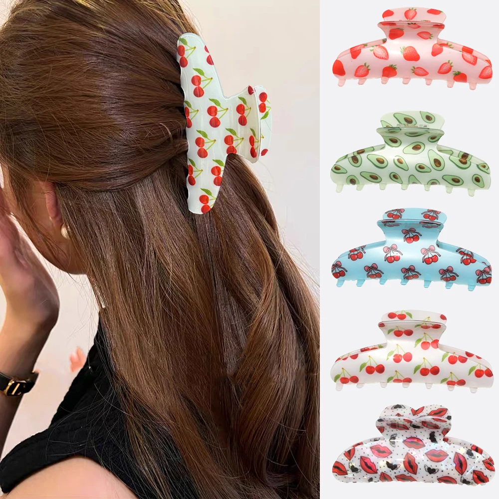 Fruit Printed Clip Claw Hair Crabs Girls Avocado Cherry Shark Clip Apple Peach Ponytail Clip Strawberry Hair Clip For Festival