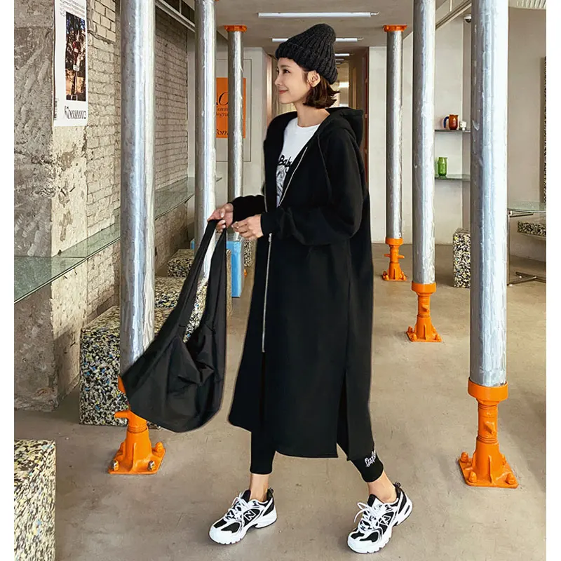 Damska bluza z kapturem na zamek błyskawiczny, średniej długości, ocieplana, sweter rozpinany, styl koreański, luźny krój, do pracy.