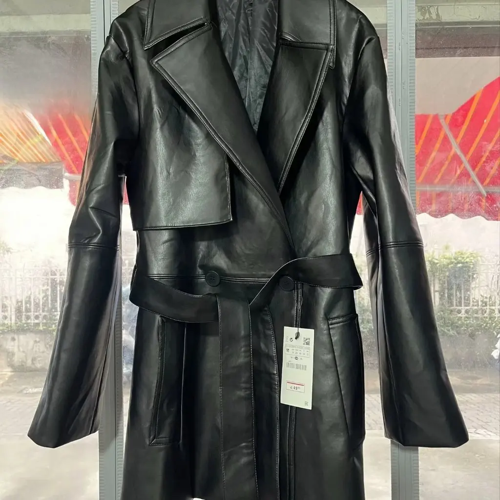 Abrigo de cuero PU negro para mujer, cortavientos de motocicleta de longitud media con cordones, diseño de cintura suelta para Otoño e Invierno