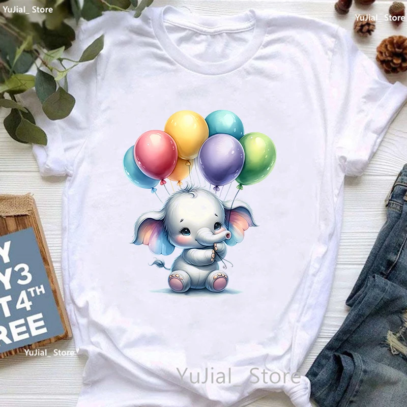 Watercolor Elephant Love Balloons Printed T Shirt Girls Harajuku Kawaii Tshirt Women Summer Short Sleeve T-Shirt Female