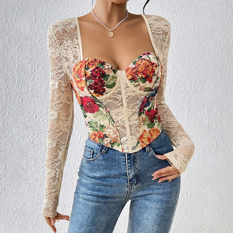 

French Vintage Lace Floral Lace-up Fishbone Underwire Long Sleeve Backless Y2K Going Out Bustier Corset Crop Tops Casual Shirts