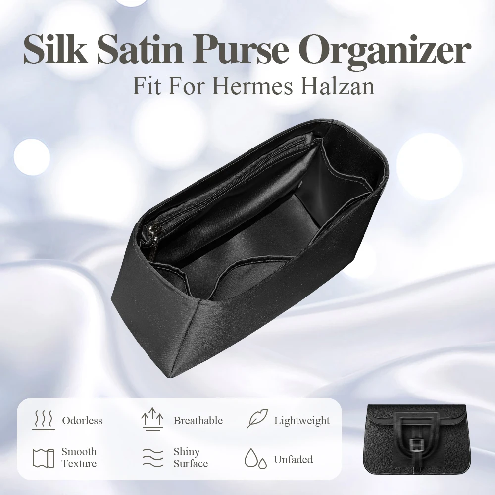 Silk Satin Purse Organizer Insert Fit for Hermes Halzan Mini/25/31 Handbag Inside Bag Organizer Insert Black Inner Liner Bag