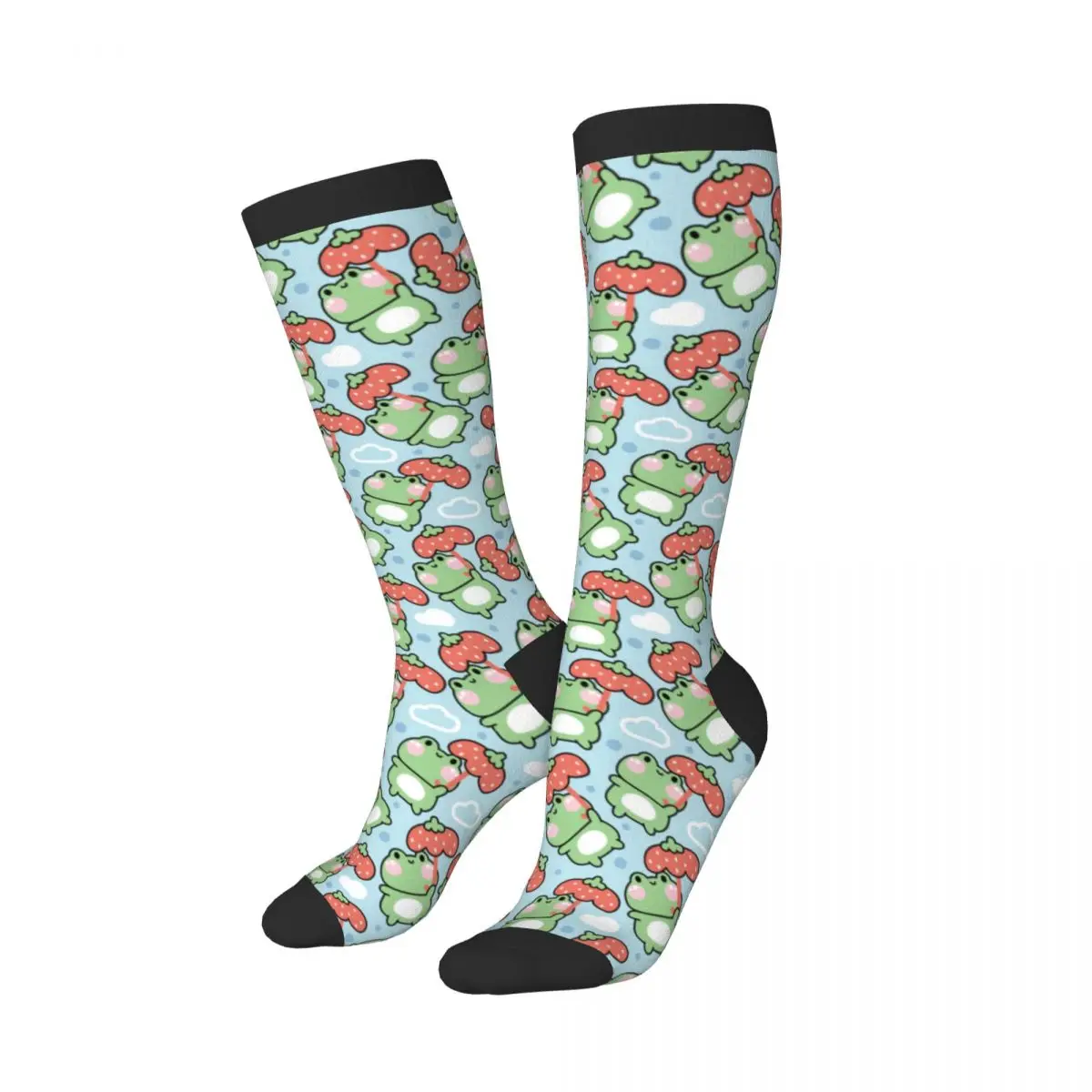 1 Pack Cute Frog Hold Strawberry Umbrella On Sky And Cloud Background Over-knee Long Socks Middle High School Socks