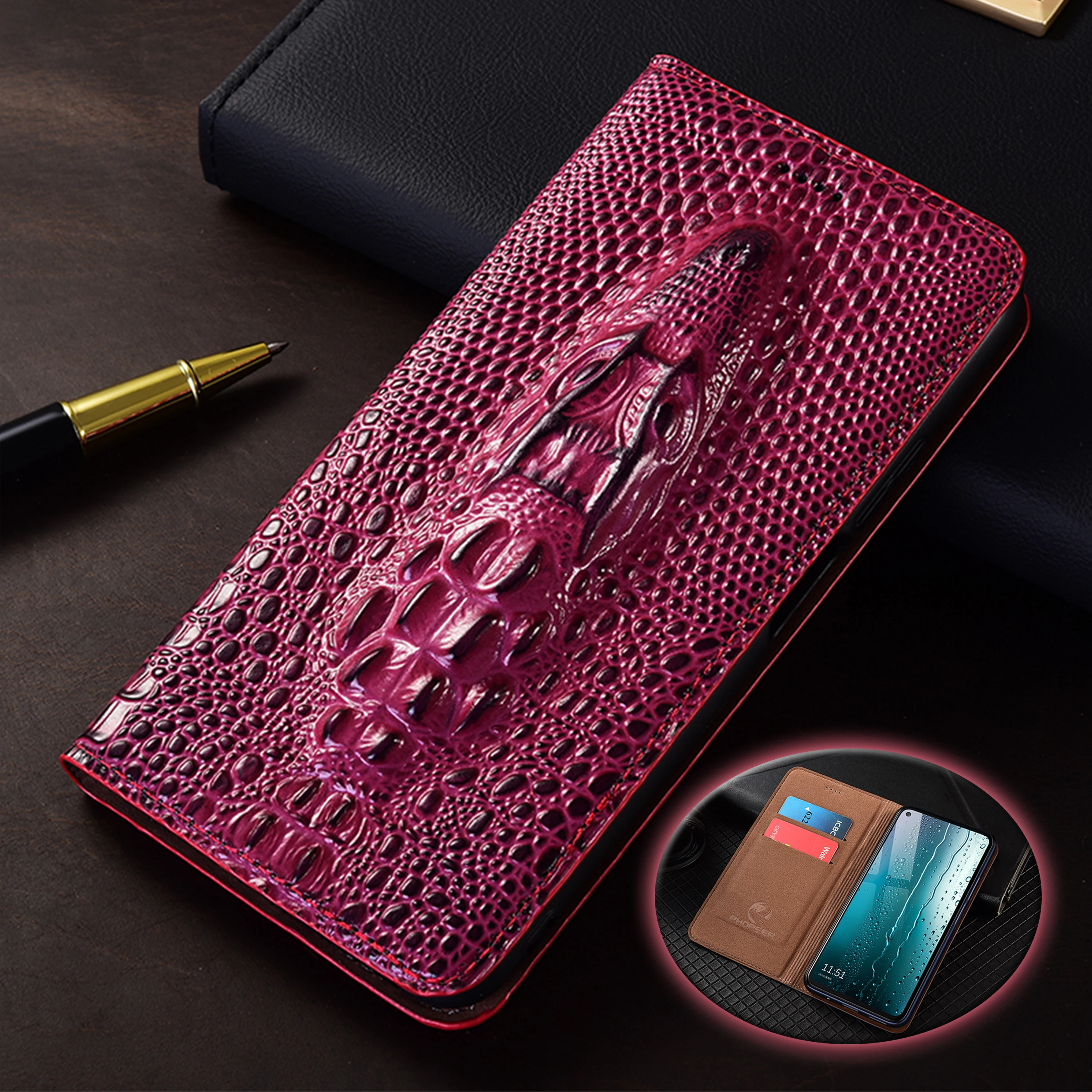 

For Redmi K20 K30 K30S K40 K40S K50 K60 K60E K70 K70E K80 Pro Ultra 5G Crocodile Head Of Genuine Leather Flip Cover Case Cowhide