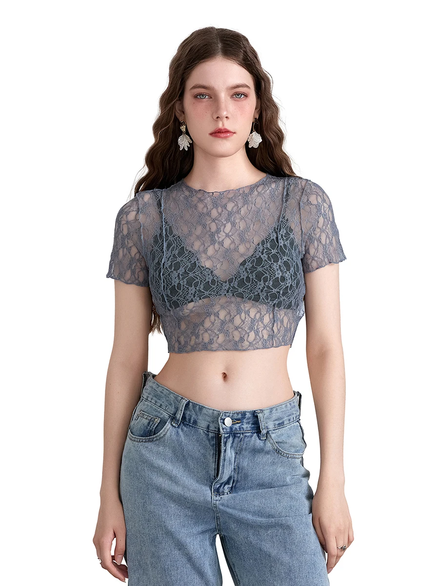 HzDazrl donna Crop top in pizzo Sexy See Through manica corta girocollo Slim Fit magliette estate Sheer Cropped Tee Tops