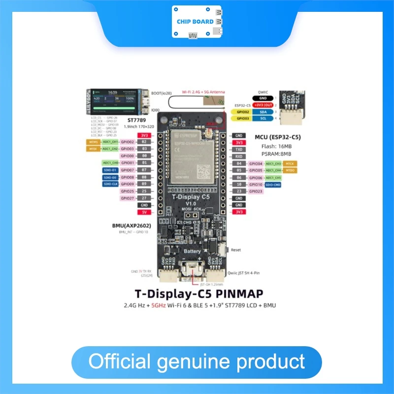 t-display-c5-esp32-c5開発ボード、wifi-6デュアルバンドモジュール、19インチst7789-ips-lcd-spiディスプレイ