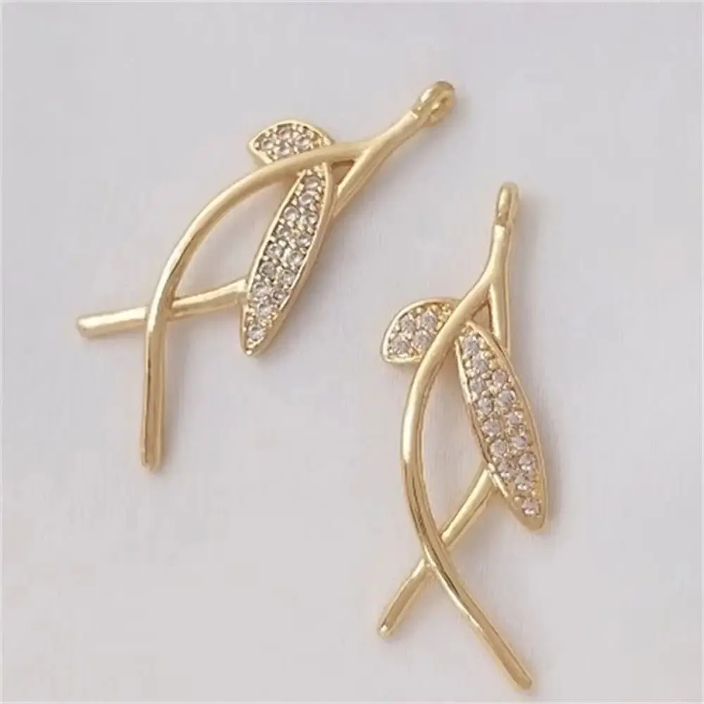 14K Gold Micro Inlaid Zircon Branch and Leaf Pendant DIY Handmade Earrings Ear Accessories, Hairpin Pendants K202