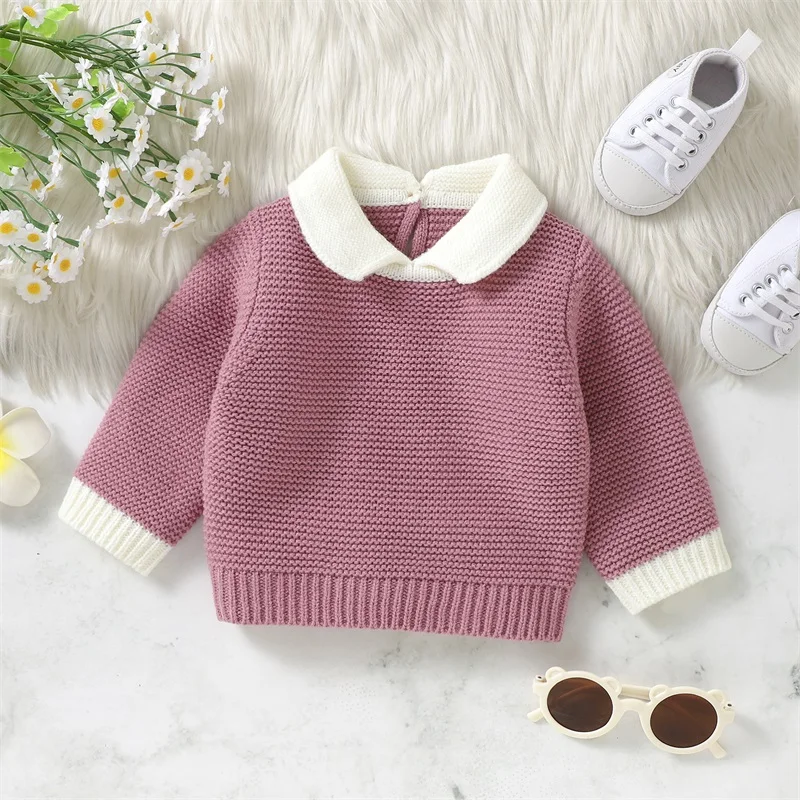 Newborn Infant Baby Girls Boys Knit Sweaters Long Sleeve Lapel Collar Contrast Color Pullover Infant Fall Knitwear Tops