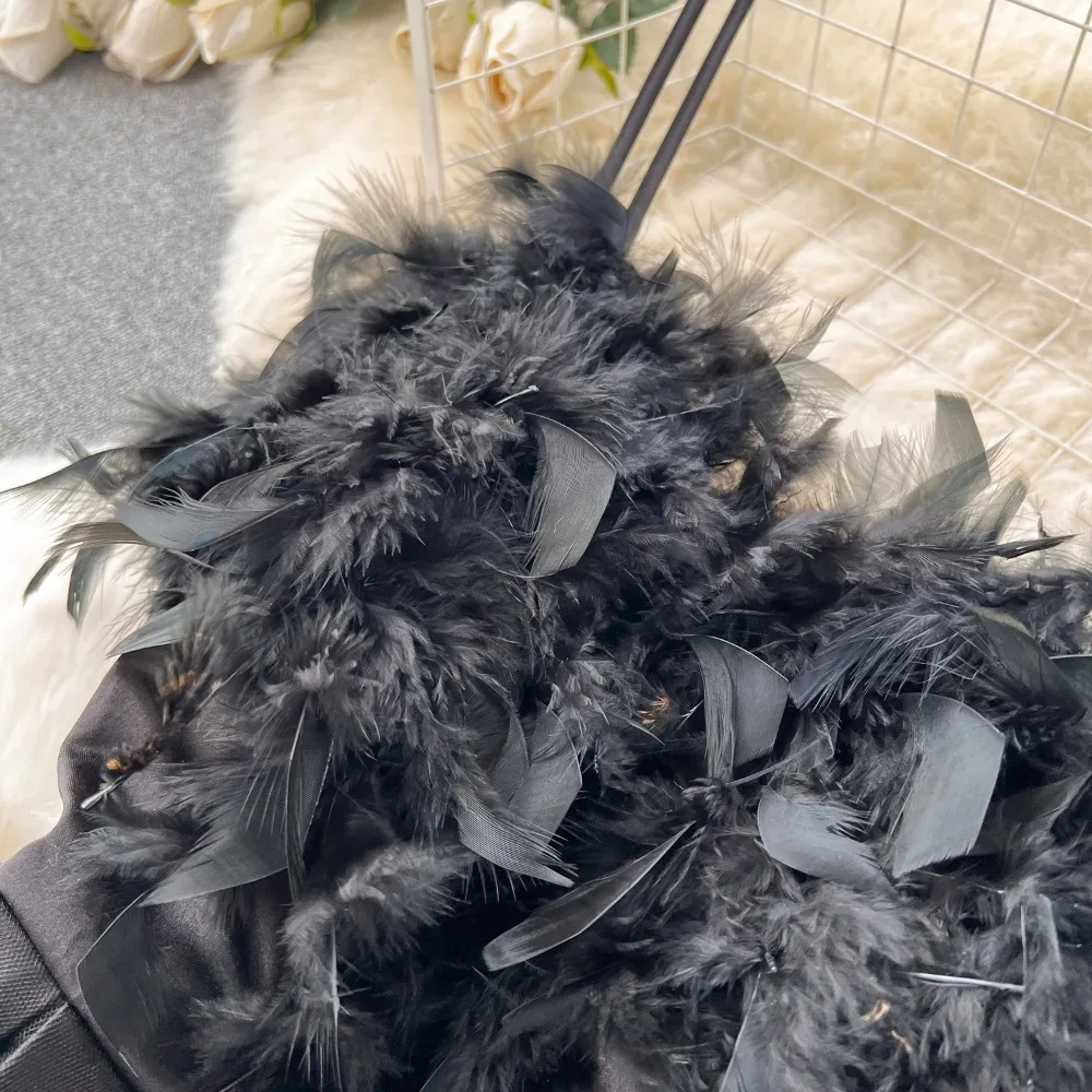 Robe de bal élégante sans manches, Vintage, Chic, plumes épissées, maille, Slim, bretelles, robes de soirée française, vêtements d'automne