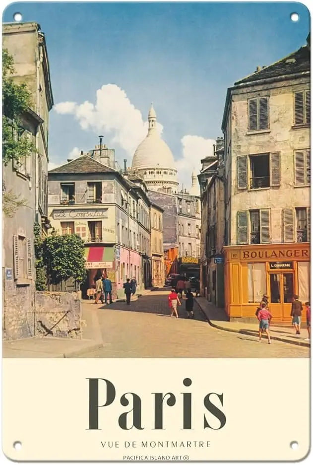 París, Francia - Vista de la Basílica del Sagrado Corazón de Montmartre (Sacré-Cœur) Póster de viaje vintage de Rod Rieder c.1954- Vint