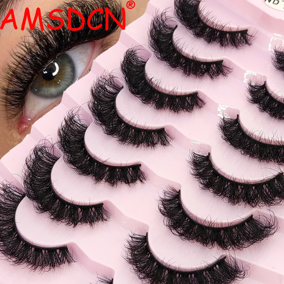 AMSDCN 7 pairs Natural False Lashes DD Curl Russian Lashes 3D Mink Eyelashes Reusable Fluffy Russian Strip Lashes eyelashes e