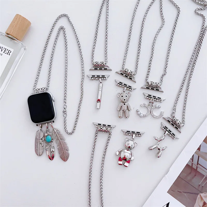Necklace Pendant For Apple Watch Band 46mm 42 44 40 38 45 41mm Metal Bracelet Strap for iwatch Series Ultra2 49mm 10 9 8 7 6 5 4 - view 3