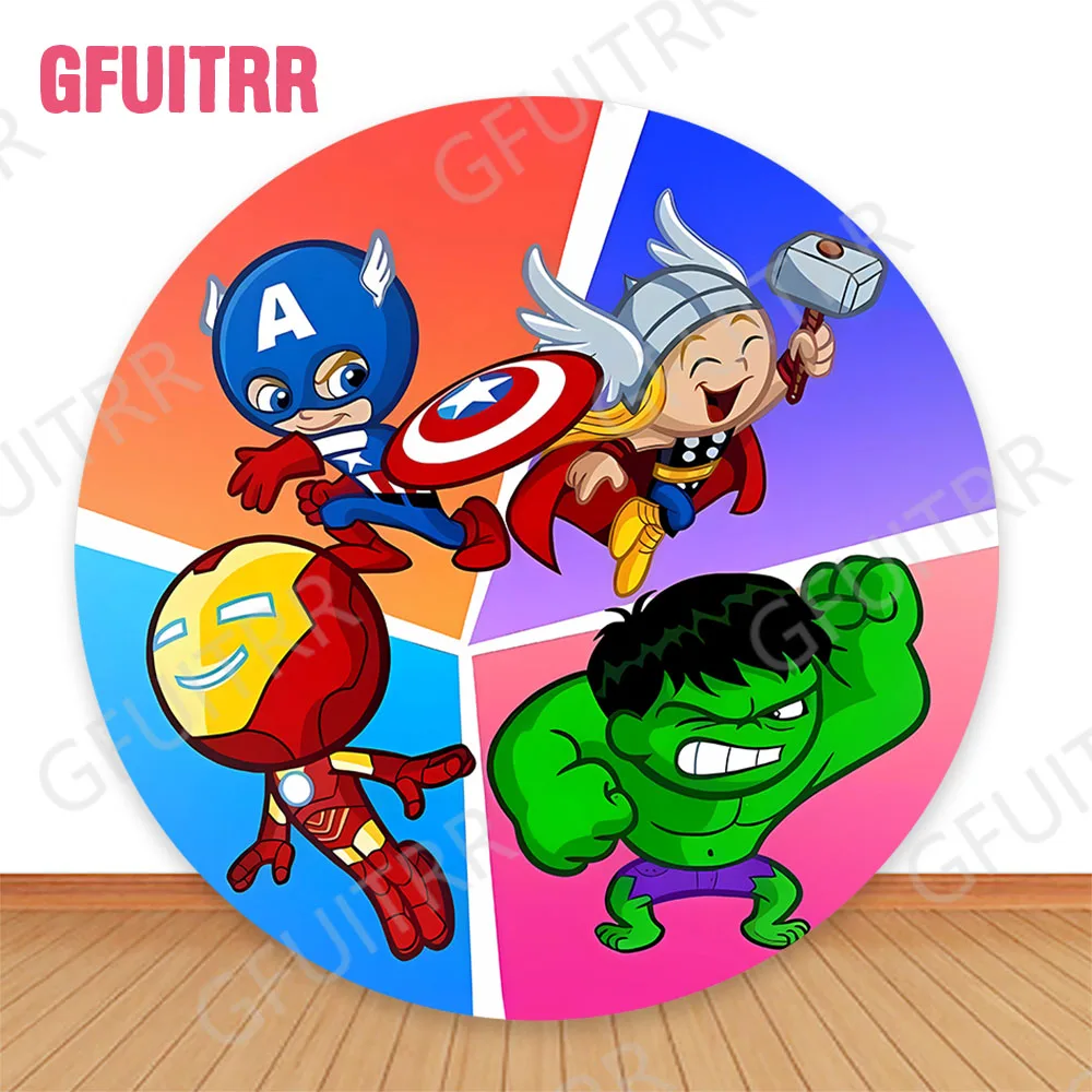 Marvel Heroes Round Backdrop Captain America Hulk Iron Man Cylinder Cover Kids Baby Shower Decoration Birthday Party Photo Props