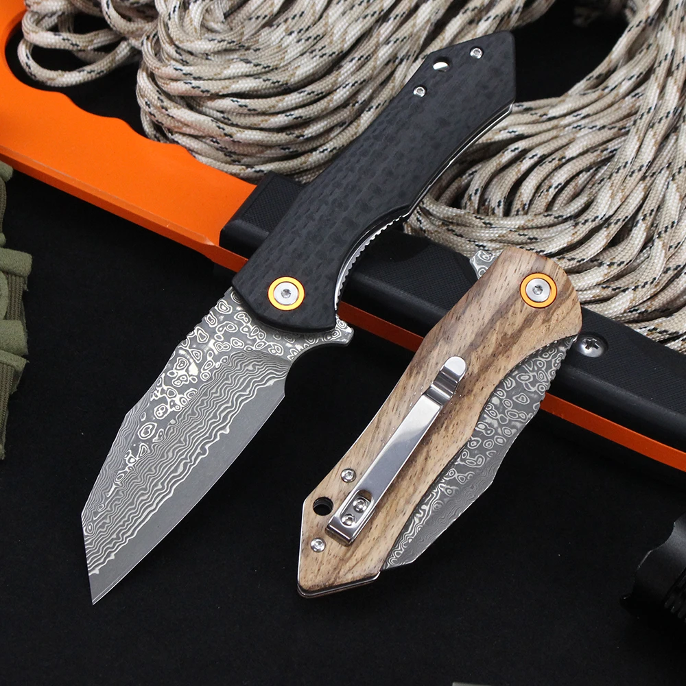 Tunafire Damascus Folding Knife Zebra wood/carbon fiber G10 Handle Hunting Survival Tanto Pocket Knives EDC Hand Tools - view 4