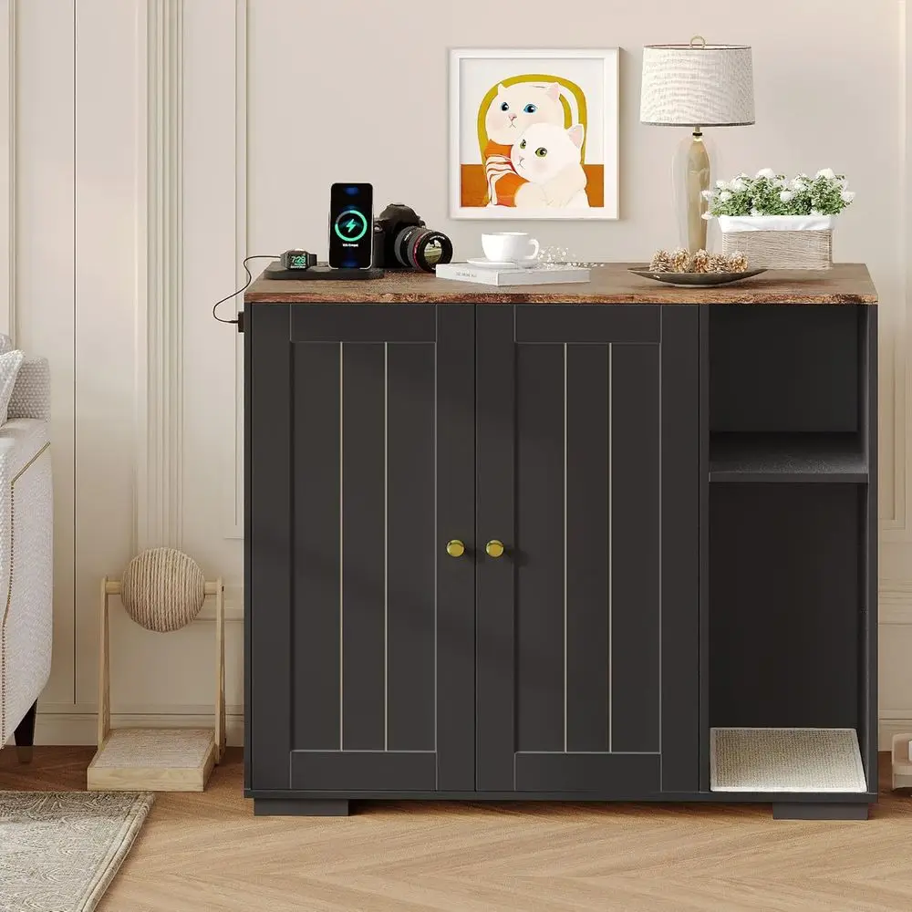 Automatic Cat Litter Box Enclosure with Power Outlet and 5ft Cord, Ideal for Self-Cleaning Boxes in Black