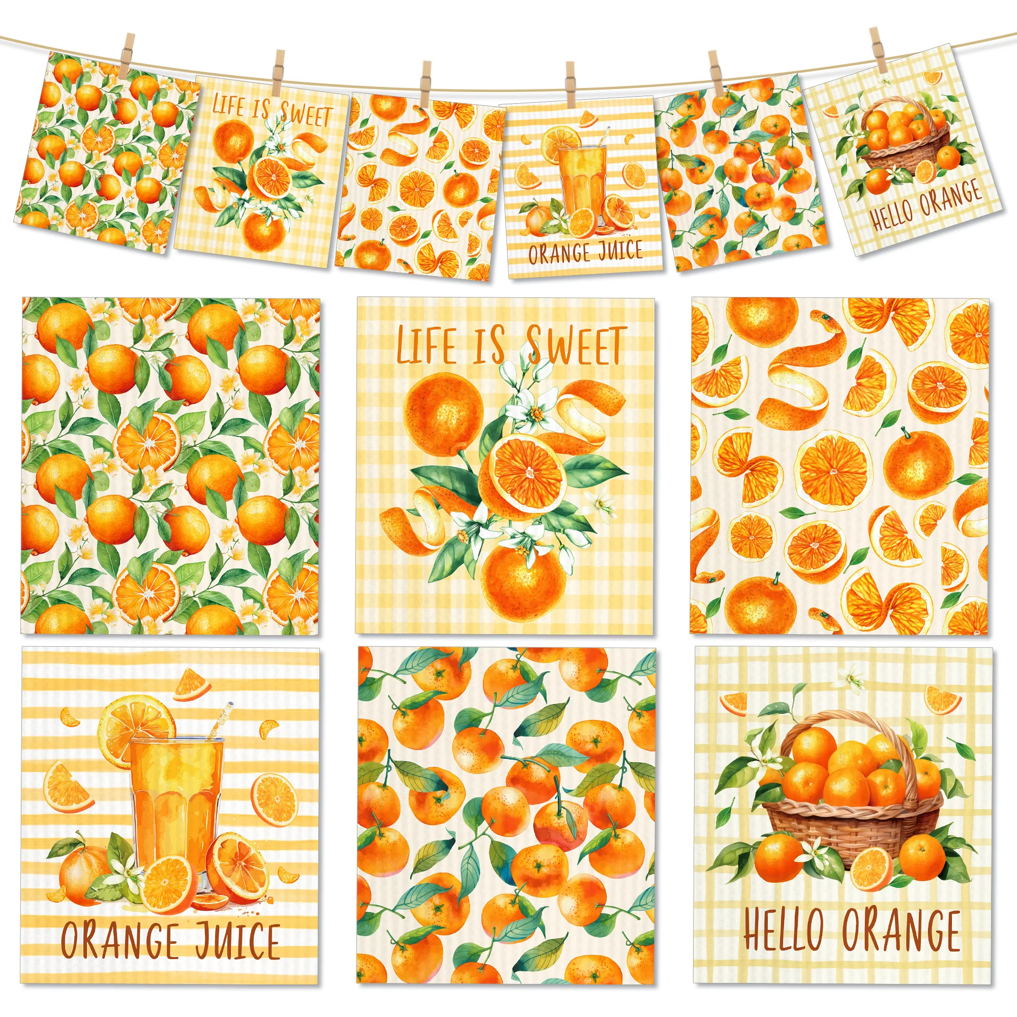 1PC Watercolor Orange Print Reusable Swedish Dishcloths Wood Pulp Cotton Absorbent Kitchen Dish Rag Household Cleaning Wipes
