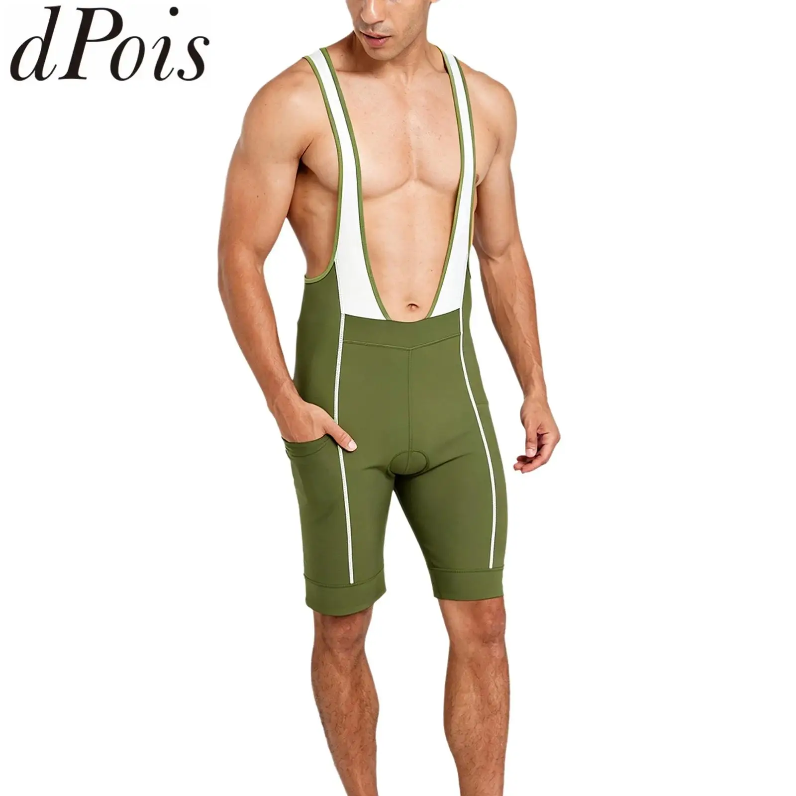 Men Skinny Padded Cycling Leotards Jumpsuit Deep U Neck Sleeveless Color Block Mesh Patchwork Bike Overalls Rompers with Pockets