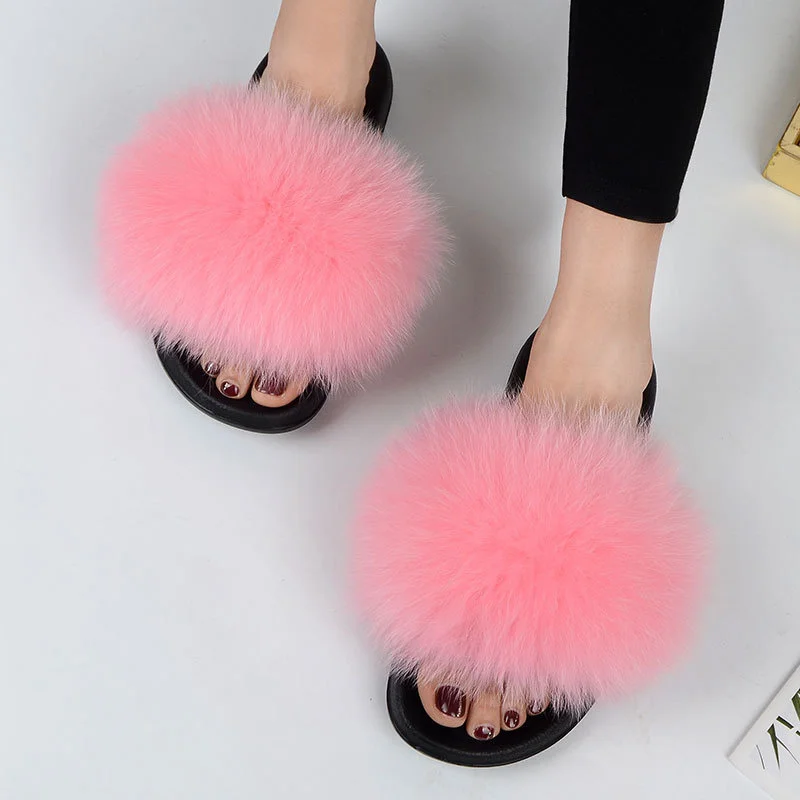 Fur Slippers For Women Summer Fluffy Comfortable Natural Plush Fox Fur Slides Flat Sandals High Quality House Shoes Flip Flops