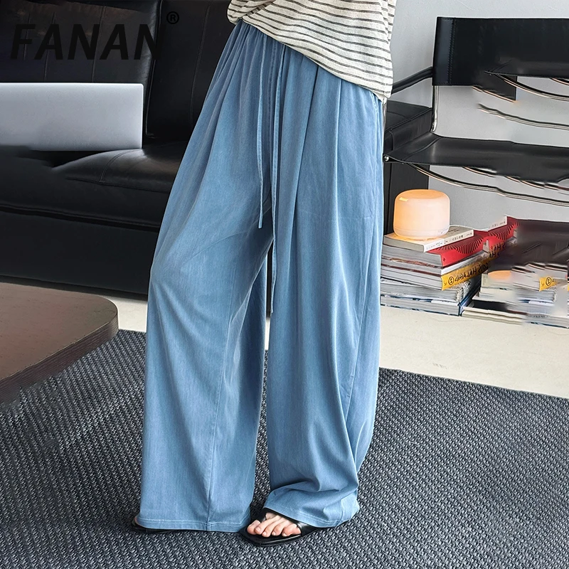 

FANAN Solid Minimalism Drawstring Pants For Women Elastic High Waist Straight Wide Leg Trousers Female 2025 Summer New Fashion