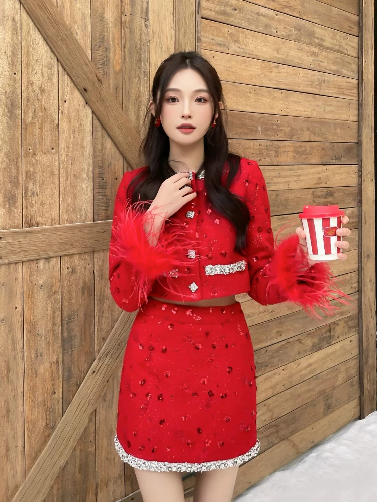Chic Dress Set Glamorous Trendy Red Rhinestone Ostrich Feather Long Sleeve With Sequin Waist Cinching Midi Two Piece Skirt