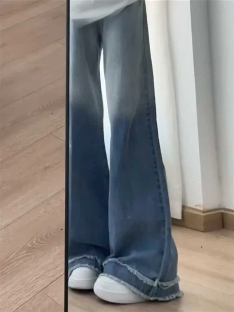 

Extended Length Gradient Color Wide Leg Jeans Women's Loose Slimming Frayed Design Sensation Floor-Length Pants