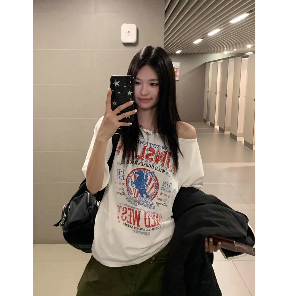 América retro emblema padrão camisetas fora do ombro solto sexy quente feminino punk goth rua moda verão algodão t casual e-girl