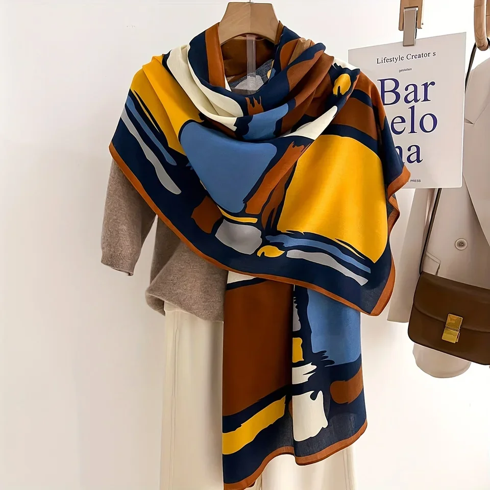 

2024 New Contrast Color Scarf Thin Breathable Shawl Elegant Vintage Style Warm Wool Wrap For Women
