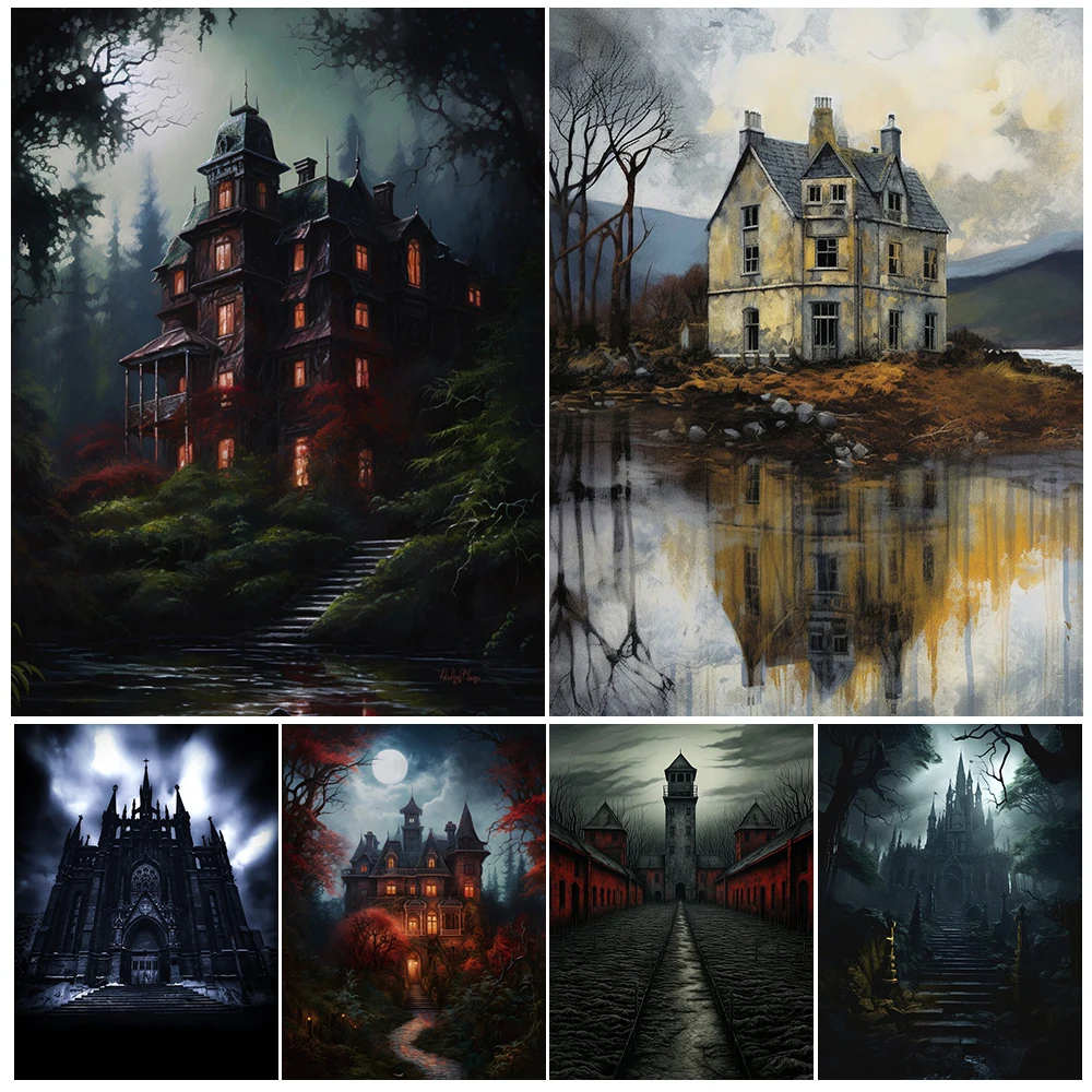 

Gothic Horror Mansion Vintage Wall Art Canvas Printvictorian Haunted Castle Abstract Art Poster Print Satanic Witch Home Decor
