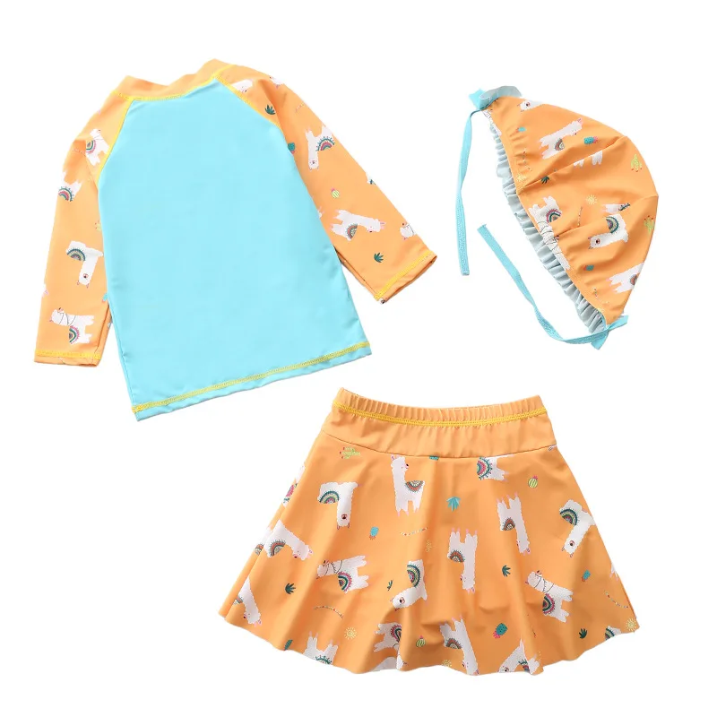 HappyFlute New Sheep Print Three-piece Sets  Long Sleeve With Lace Cap Cute Baby Girls Swimsuit