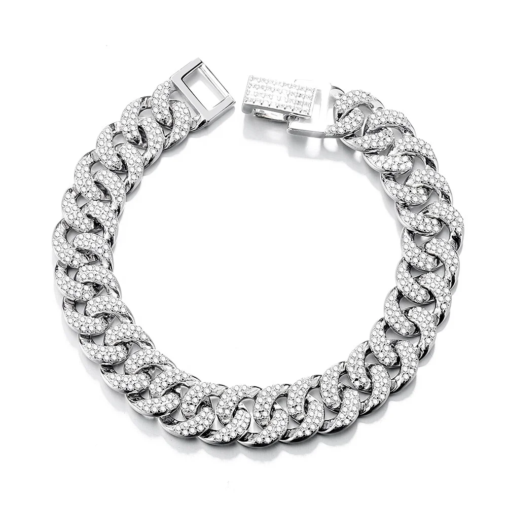 925 Sterling Silver 11*13MM Mens Bracelet White Gold Diamond Cuban Link Bracelet