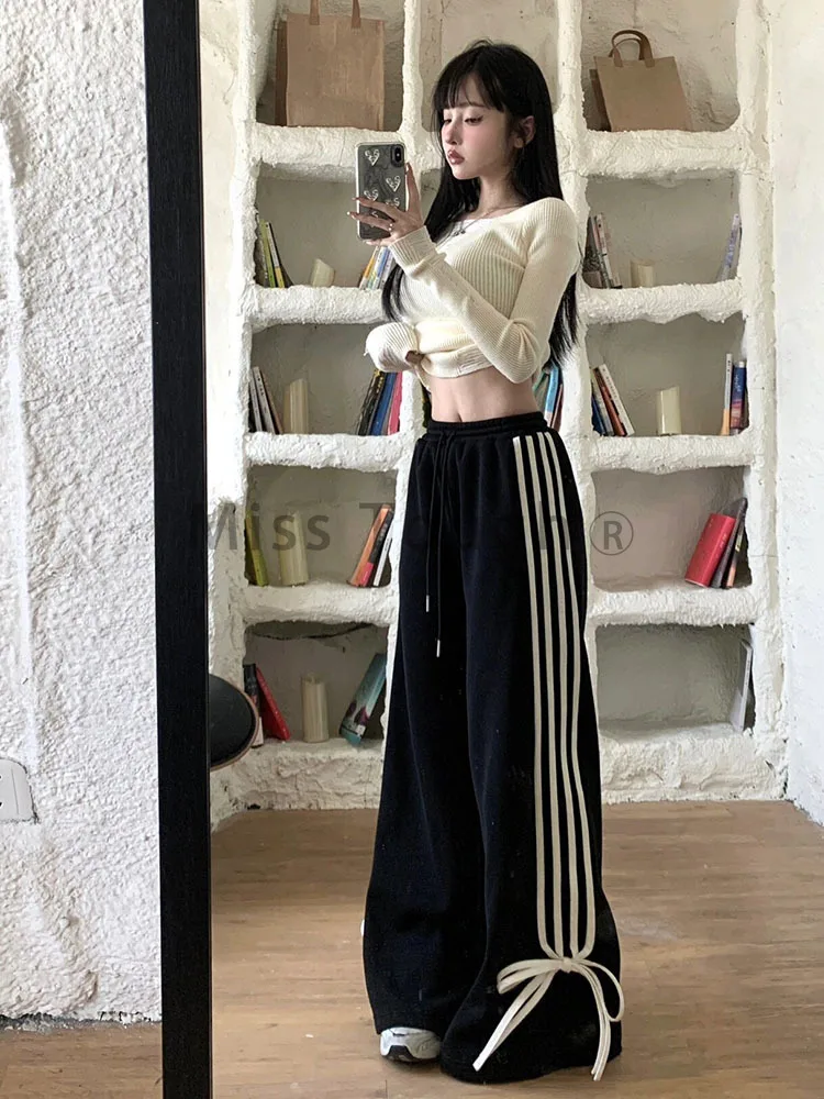 Striped Sweatpants Baggy Casual Y2k Women Streetwear Elastic Waist Wide Leg Pants Sporting Trousers Clothes 90s Gothic Hiphop